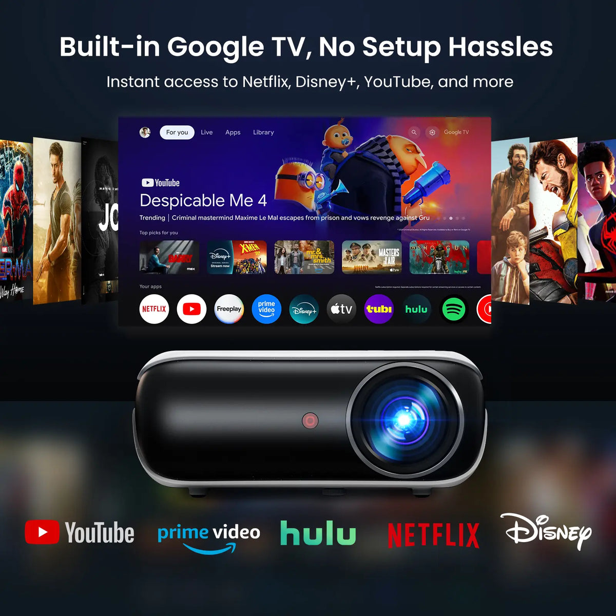HAPPRUN Mini Projector GTV – Portable 1080P Supported 4K-Compatible Home Theater Projector with Bluetooth 5.1, Screen Mirroring, Ideal for Bedroom, Camping, Kids Videos, Works with iPhone, Android, HDMI, USB, and TV Sticks