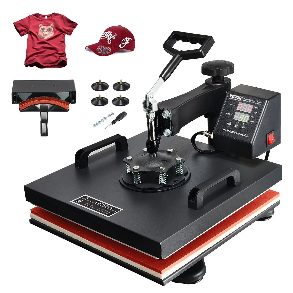 【Fallpicks】2 in 1 Heat Press Machine with Hat Press Attachment, 360° Swing-Away Design, 1100W Flat + Curved Large Platen, Digital Precise Control, Fast Even Heating, Anti-Burn, Auto Shut-Off, Auto Alarm for T-Shirts/Crafts, Black