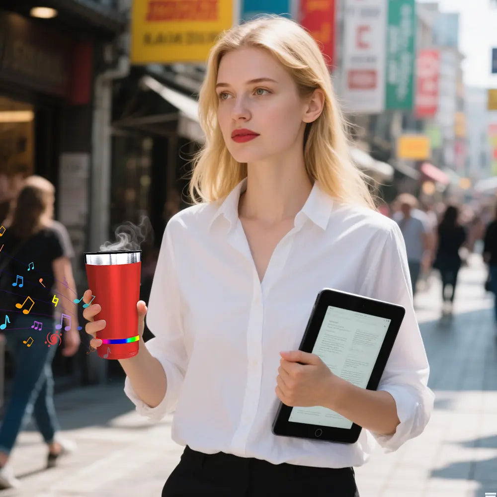 16oz Stainless Steel Insulated Travel Tumbler Mug with Built-in Bluetooth Speaker, Portable Rechargeable Multi-Color LED Party Lights, FM Radio, Ideal for Home, Outdoors, Great Gift for Adults
