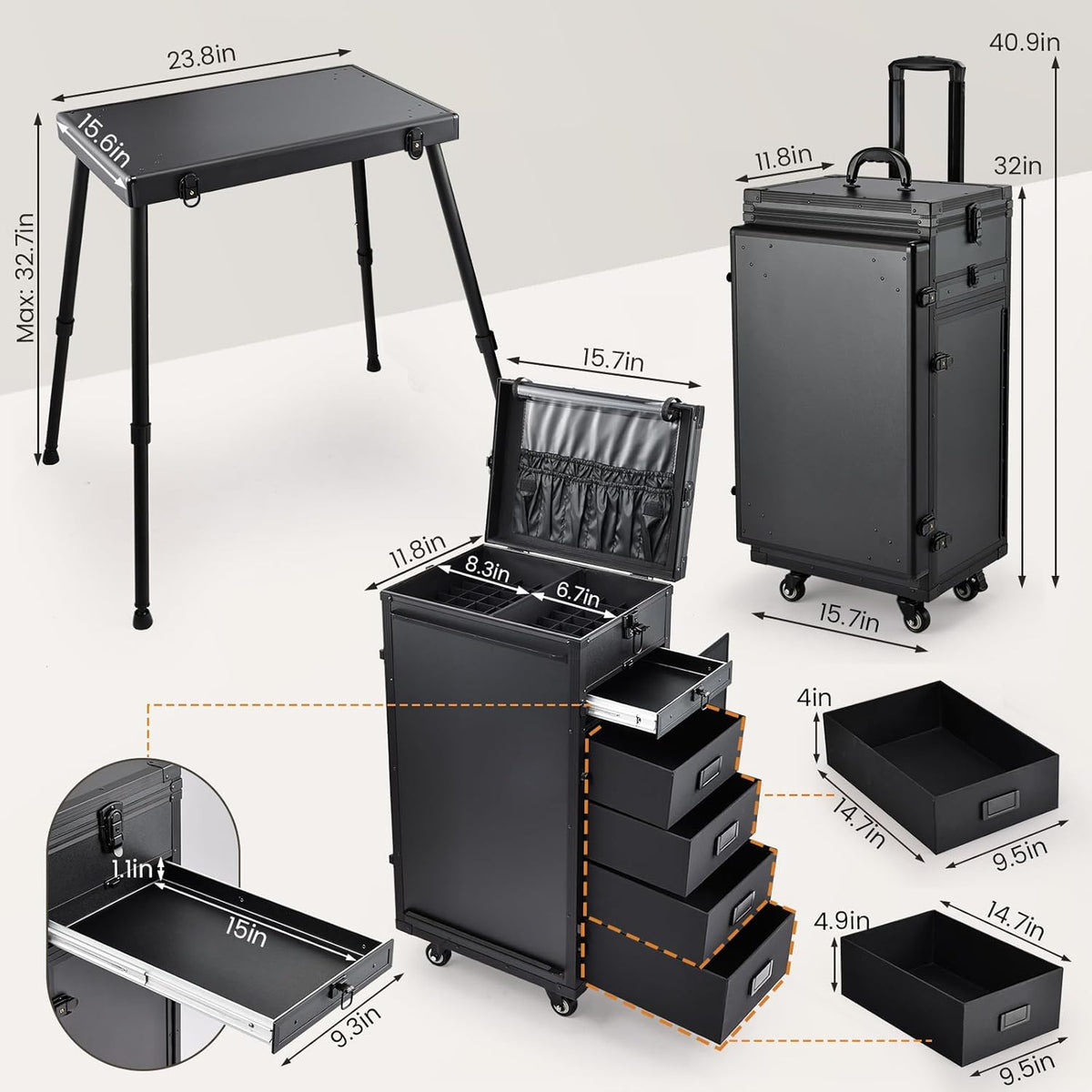 Rolling Manicure Table Foldable Nail Table Makeup Train Case on Wheels Cosmetic Trolley with 5 Drawers & Brush Pouch for Technician Workstation Salon