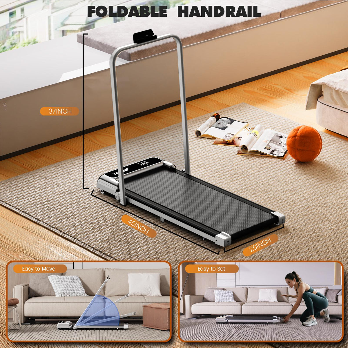 YAGUD Folding Treadmill with Colorful Handrails, Upgraded Low-Noise Motor, 265lbs Capacity, Dual Shock Absorption, Remote & Transport Wheels, Bonus Resistance Bands SpringStatements