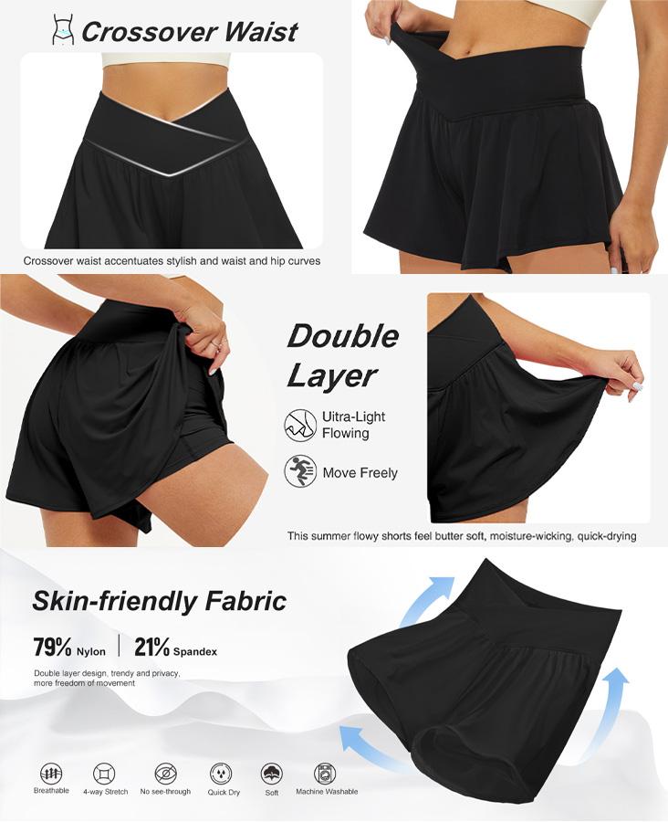 FireSwan Women's 2-in-1 Flowy Athletic Shorts with Pockets - Spandex Sporty Short Skirt, Women's Clothing Activewear for Gym, Fashion Apparel Tennis Workout #Summervibes