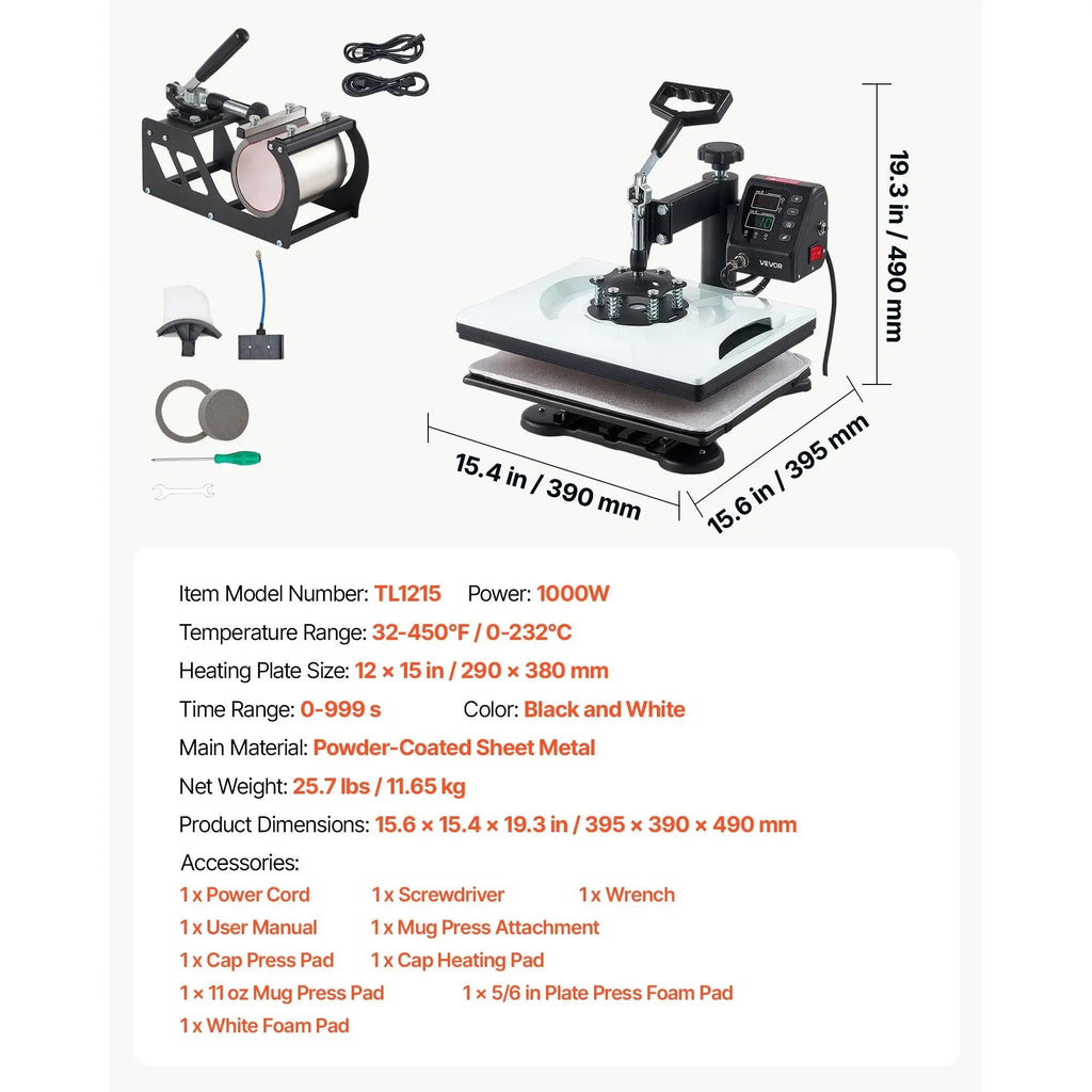VEVOR 5-in-1 Combo Heat Press Machine, 12x15in Sublimation Press, Fast & Even Heating, Digital Control, Precise Temp & Time Settings, Multi-Function Tool Kit for T-Shirts, Mugs, Caps