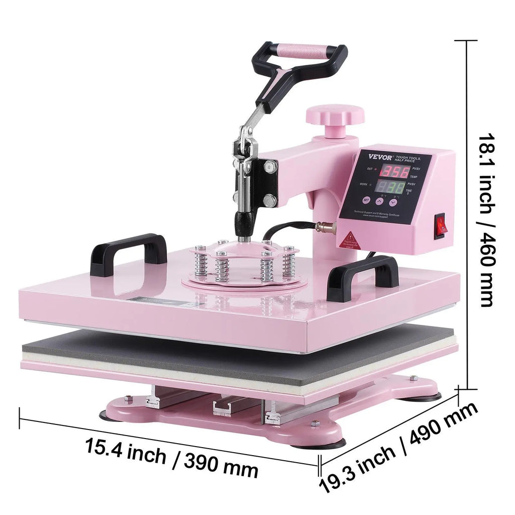 VEVOR 5-in-1 Heat Press Machine - 15x15 inch Household Home Appliances, 30oz Tumbler Press, Swing-Away Arm, 360° Rotation, Digital Control, Dual Insulated, 0-250℃, for T-Shirts/Hats, Pink, Tool Upgrade