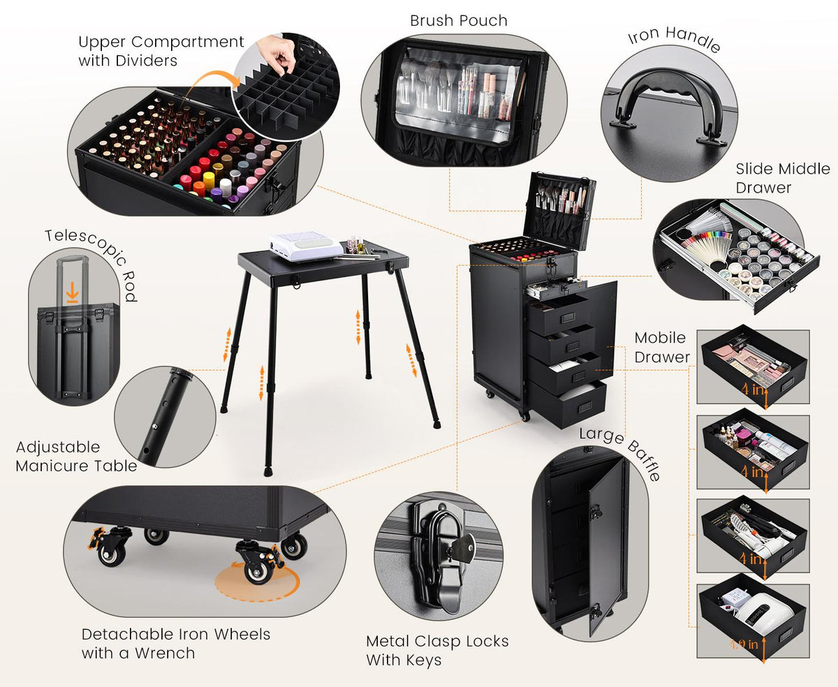 Rolling Manicure Table Foldable Nail Table Makeup Train Case on Wheels Cosmetic Trolley with 5 Drawers & Brush Pouch for Technician Workstation Salon