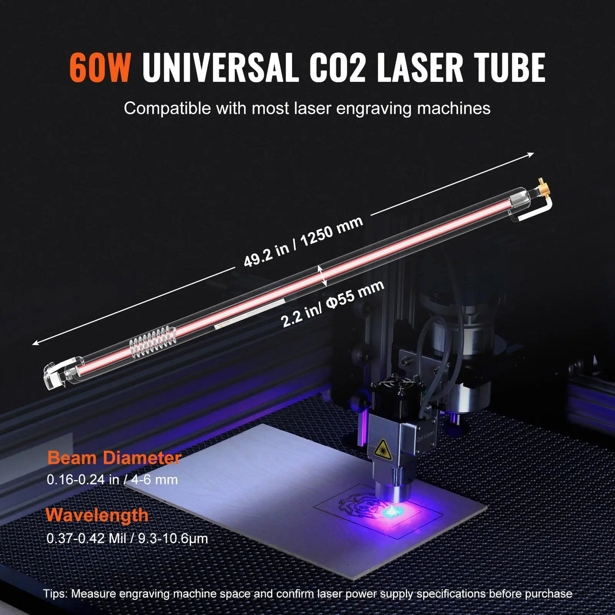 VEVOR 60W Output CO2 Laser Tube, 49.2in (1250mm) Length 2in (55mm) Dia High Transmittance Borosilicate Glass Tube, Pre-Wired Metal Head for Laser Engraving Equipment Engraving/Cutting Machines (5000-6000hr Lifespan), Pre-Connected Wires,toolupgrade