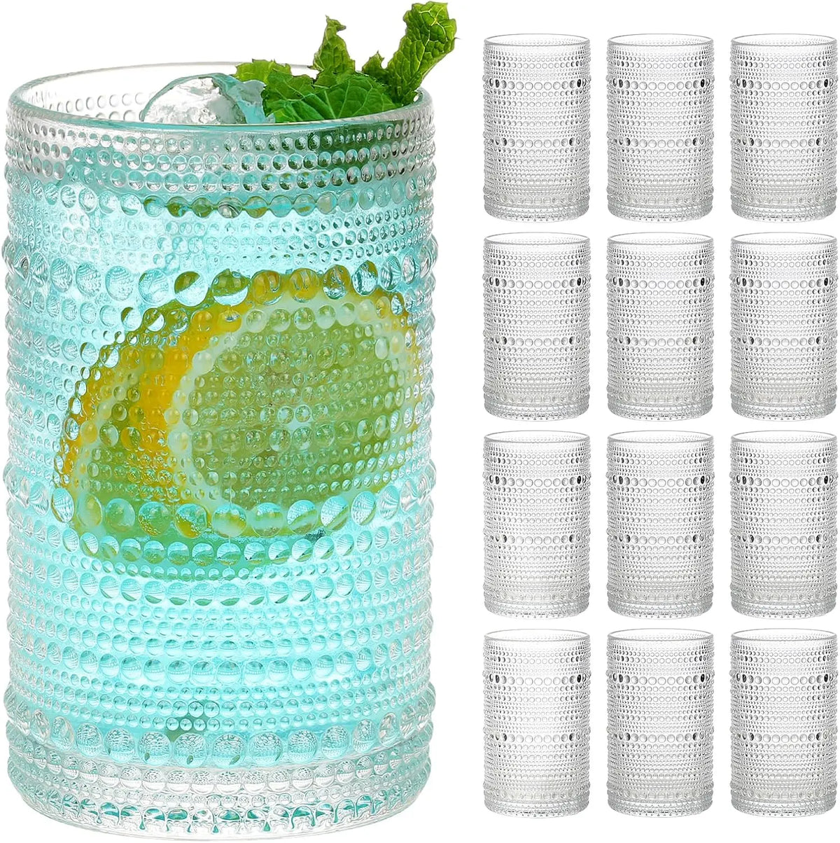 12oz Hobnail Highball Glasses Set of 12 - Lead-Free, Retro Texture, Embossed Grip Boho Kitchen Drinkware for Adults, Dishwasher Safe Tumblers for Casual Events, Whiskey