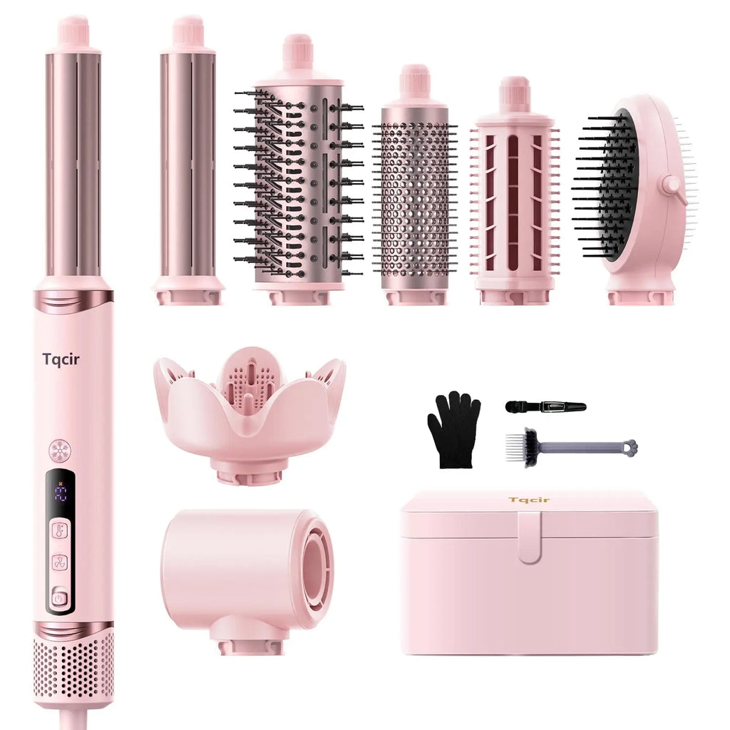 Tqcir 8-in-1 Salon Hair Styler Kit - 1300W Negative Ion Dryer, Thermal Brush for Straightening Curly Hair, Frizz Control, Volumizing, Fast Drying, No Damage, Overheat Protection, Noise Reduction, Curl Routine Essential, Ideal Gift