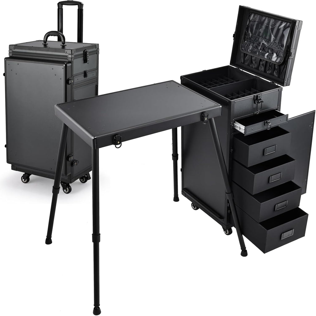 Rolling Manicure Table Foldable Nail Table Makeup Train Case on Wheels Cosmetic Trolley with 5 Drawers & Brush Pouch for Technician Workstation Salon