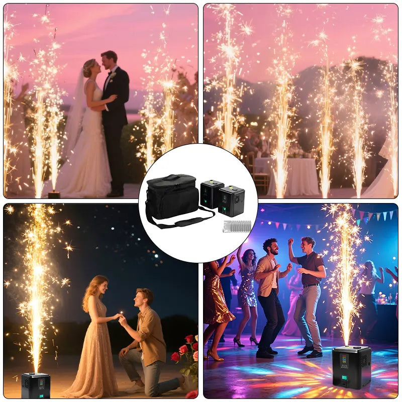 2-Pack Aluminium 650W Cold Spark Machines, 3-5m Spark Effect, Remote DMX Control, Lightweight Compact Design, 20-Second Overheat Protection, 350W Motor, Power Cord, for Weddings, Concerts, Ceremonies (2 Black Devices + 10 Packs of 50g Consumables ...