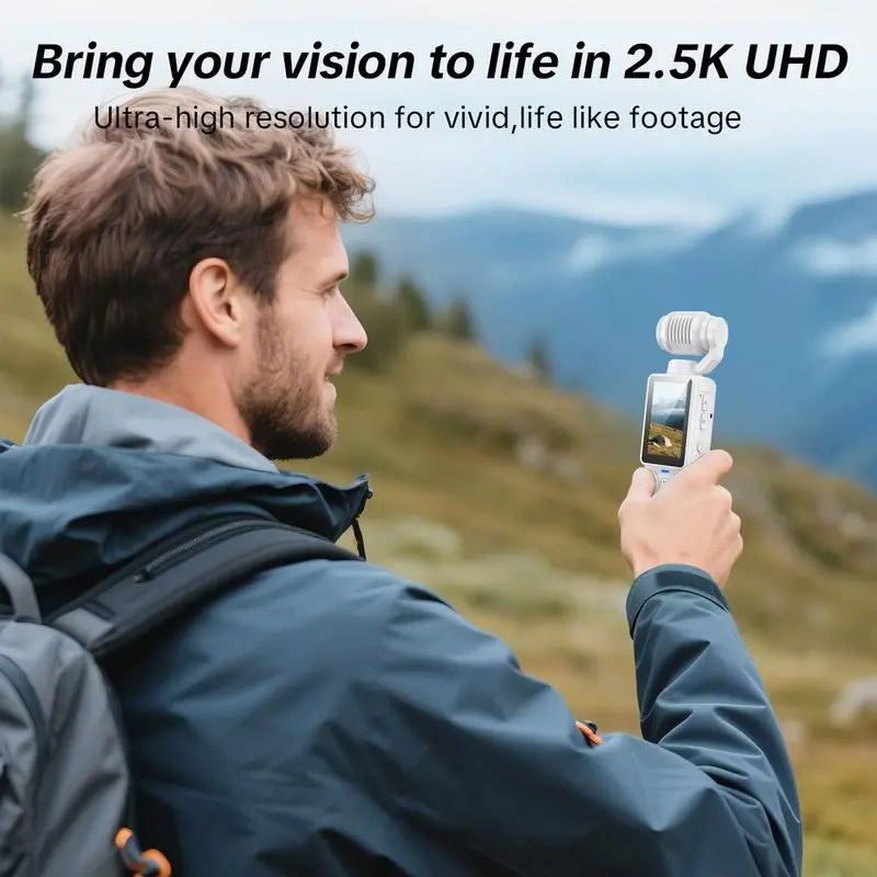 Portable 2k Ultra HD Video Recorder, 180° Rotating Lens, Handheld Stabilizer, USB Rechargeable, Vlogging Camera, Travel & Daily Life Recording