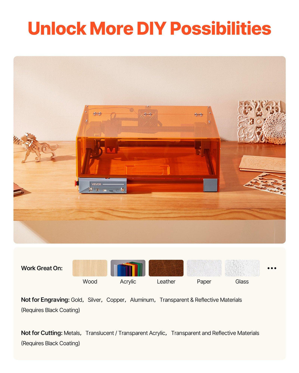 VEVOR 20W Laser Engraver & Cutter with Enclosure Safe, 11.8x11.8in Working Area, 7000mm/min Fast Engravings, Smooth Edges, Supports Apps, for Wood Leather Glass Certain Metal Pet Supplies,sohochic