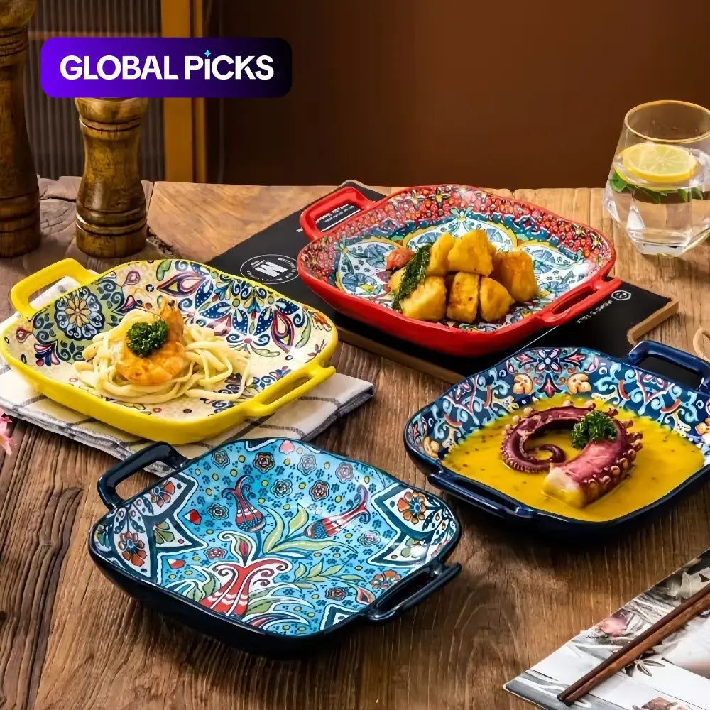 Bohemian Ceramic Square Serving Plates with Handle, 4 Counts/set Salad Plates for Home Kitchen and Dining Room Ceramics Plate #GLOBAL PICKS