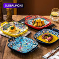 Bohemian Ceramic Square Serving Plates with Handle, 4 Counts/set Salad Plates for Home Kitchen and Dining Room Ceramics Plate #GLOBAL PICKS
