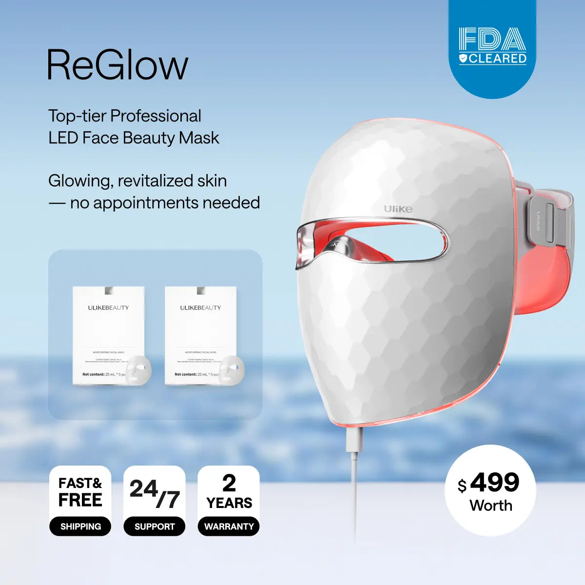 Ulike ReGlow LED Face Lifting Device - 4-in-1 Adult Selfcare Facial Beauty Tool with Multi-Color (Red, Blue, Yellow) & Infrared Light, 360° Mirror Reflection, 2-Year Warranty for Firming, Rejuvenation, Glowup, Red Light Therapy Support