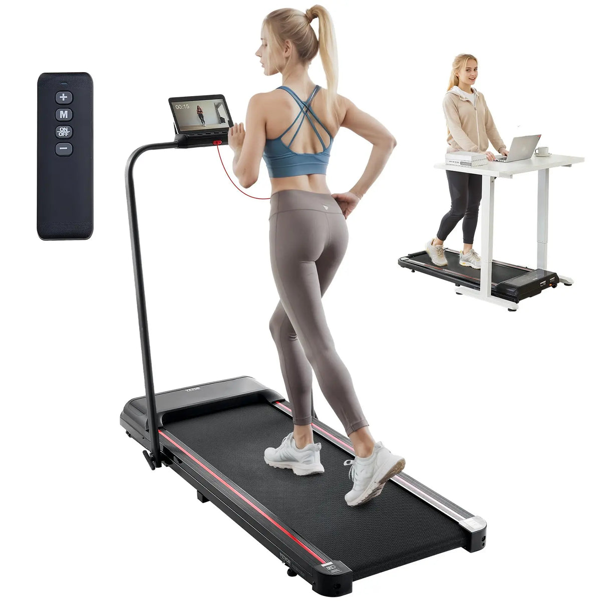 【toolupgrade】VEVOR 2-in-1 Under Desk Treadmill, 15.6"x42"/396x1065 mm Anti-Slip Surface Belt, 2.5HP Motor, 0.6-7.6 mph Walking/Run Speed, Shock Absorb, Collapseable Portable Pad, Handle Bar, Remote Control, LED Display, 265 Lbs Capacity for Home O...