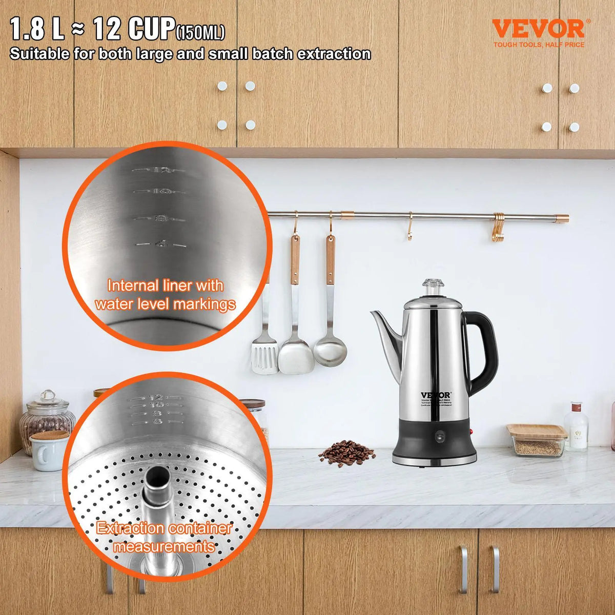 VEVOR 12-Cup 304 Stainless Steel Electric Percolator Coffee Pot - Coffee Brewer with Corrosion Resistance, Keep-Warm Function, Heat Resistant Handle, Easy-Pour Spout, Quick Brew for Kitchens, Dining Rooms