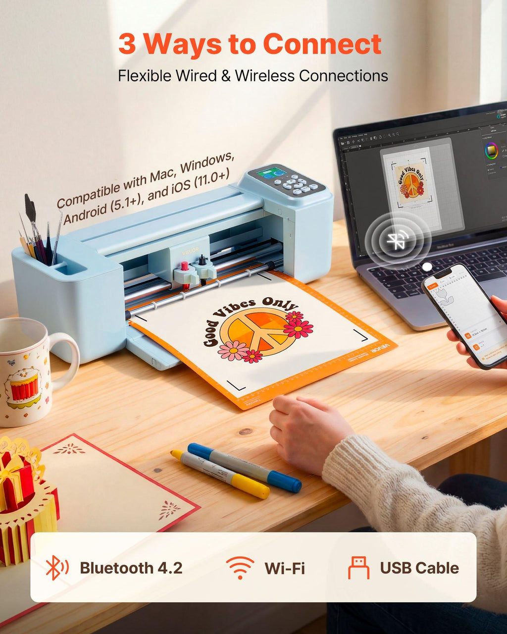 VEVOR 12 in Vinyl Cutting Machine, Button & Screen Controlled with Materials & Tool Kit, 5000+ Built-in Design Resources, Compatible with Mac, Windows, Android & iOS, DIY for All Scenes Home Crafts Cutter, Wireless, Buttons+Screen,sohochic