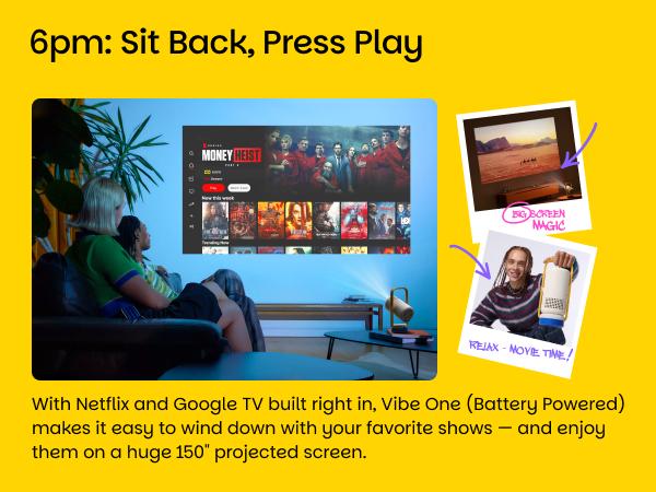 XGIMI Vibe Full HD 1080P Smart Portable Projector - Battery-Powered, Google TV with Licensed Netflix, JBL Sound, Built-in Battery, Auto Focus, Keystone, LCD Display, Remote Control, Box Packaged for Home Use, Bedroom