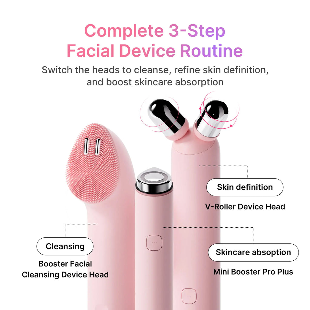 [medicube] 3-Step At-Home Spa Set - Pink / Beige ㅣMini Booster Pro Plus + Booster Facial Cleansing Device Head + Booster Face Roller HeadㅣK-beauty Facial Device for deep gentle cleansing, plump-looking appearance, puffiness, skin relaxion
