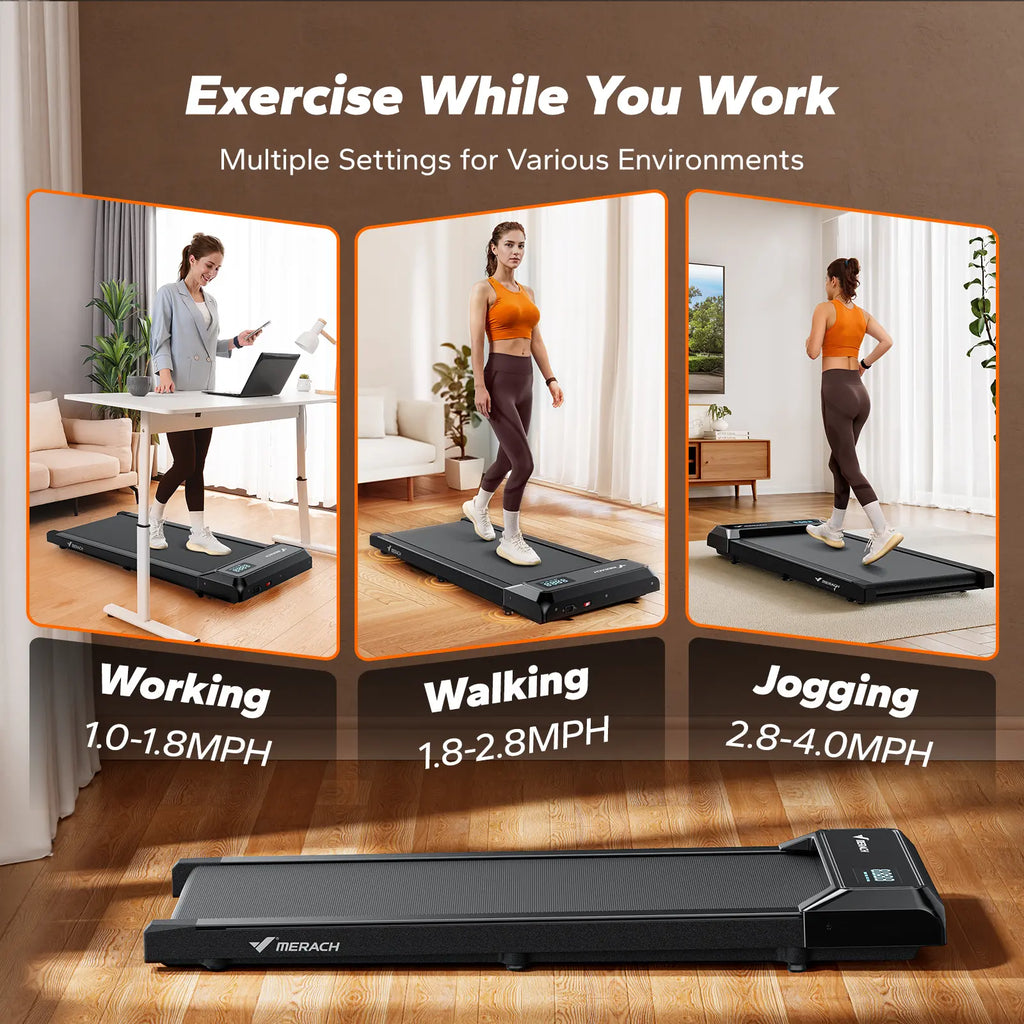 Merach Under Desk 2-in-1 Walking Pad for Home & Office, 2.25HP Low-Noise Portable 265lbs Treadmill with LED Display for Walking and Jogging BackToSchool