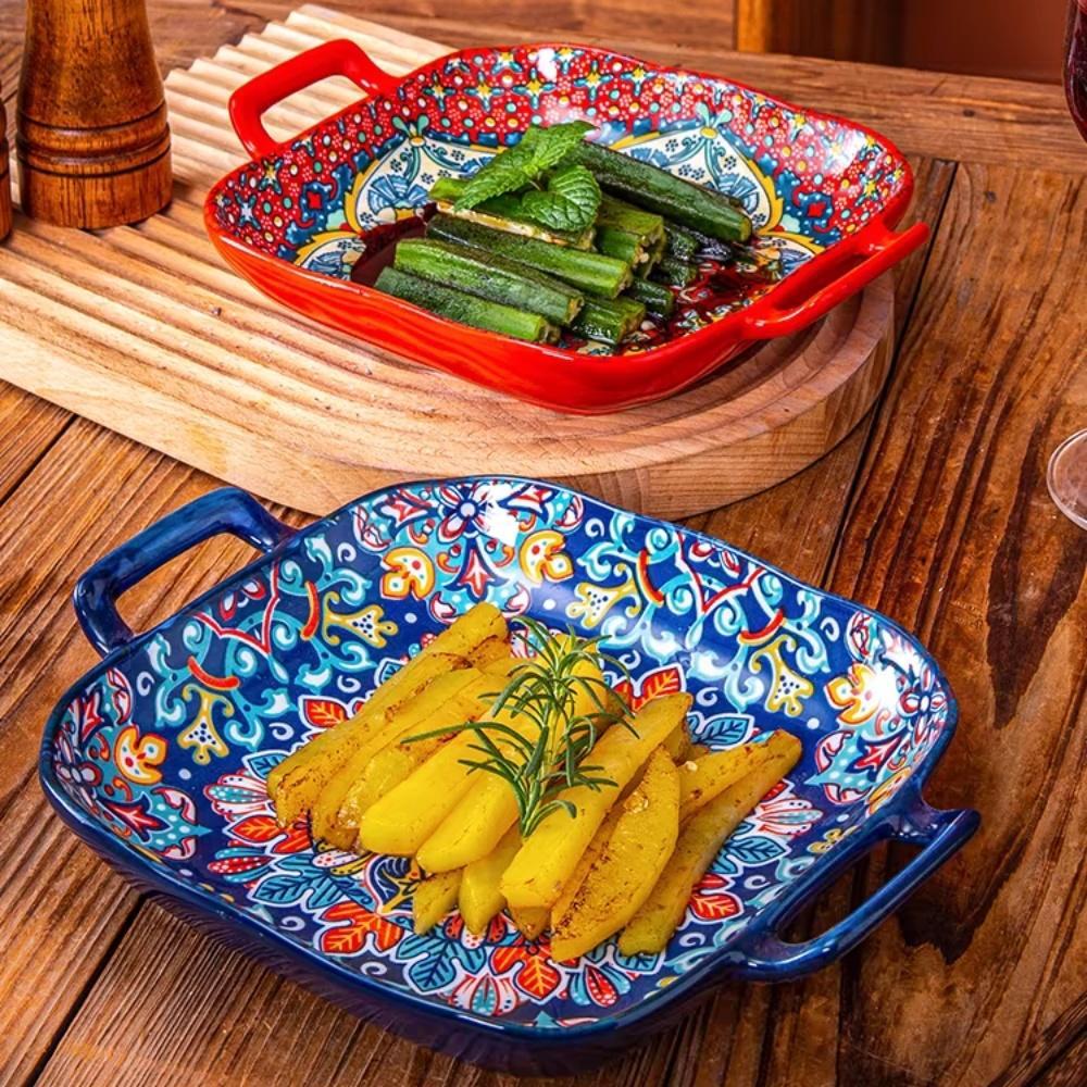 Bohemian Ceramic Square Serving Plates with Handle, 4 Counts/set Salad Plates for Home Kitchen and Dining Room Ceramics Plate #GLOBAL PICKS