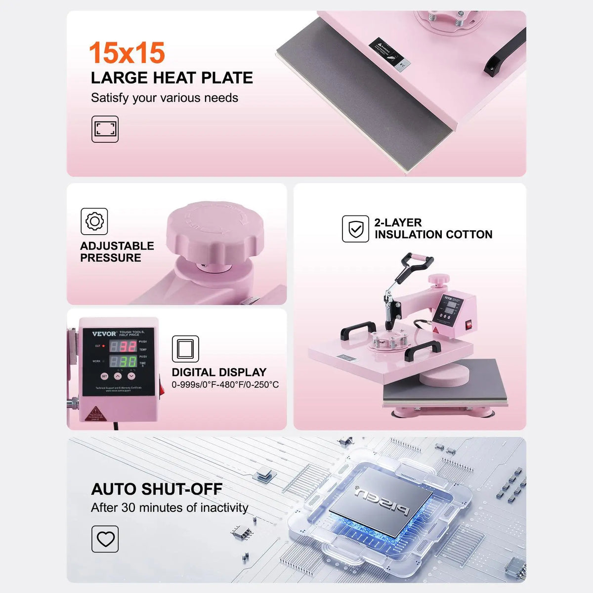 VEVOR 5-in-1 Heat Press Machine - 15x15 inch Household Home Appliances, 30oz Tumbler Press, Swing-Away Arm, 360° Rotation, Digital Control, Dual Insulated, 0-250℃, for T-Shirts/Hats, Pink, Tool Upgrade