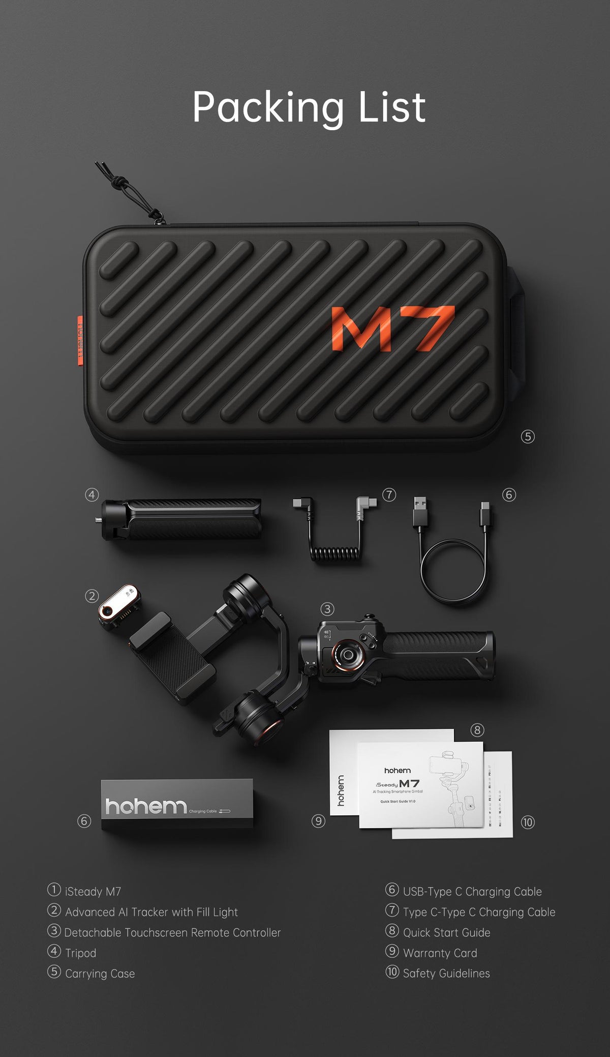 Hohem iSteady M7 Kit 3-Axis Camera Gimbal Stabilizer for iPhone/Android Smartphones, Mobile Phone Accessory for Content Creators with Magnetic Fill Light, AI Tracking Sensor, 1/4-inch Color Touchscreen Display, Detachable Remote, 500g Max Payload