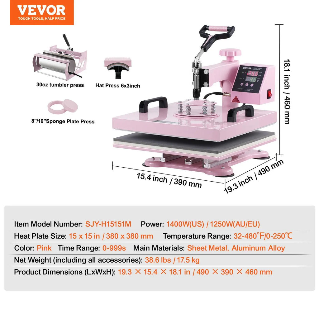 VEVOR 5-in-1 Heat Press Machine - 15x15 inch Household Home Appliances, 30oz Tumbler Press, Swing-Away Arm, 360° Rotation, Digital Control, Dual Insulated, 0-250℃, for T-Shirts/Hats, Pink, Tool Upgrade
