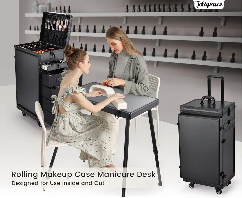 Rolling Manicure Table Foldable Nail Table Makeup Train Case on Wheels Cosmetic Trolley with 5 Drawers & Brush Pouch for Technician Workstation Salon