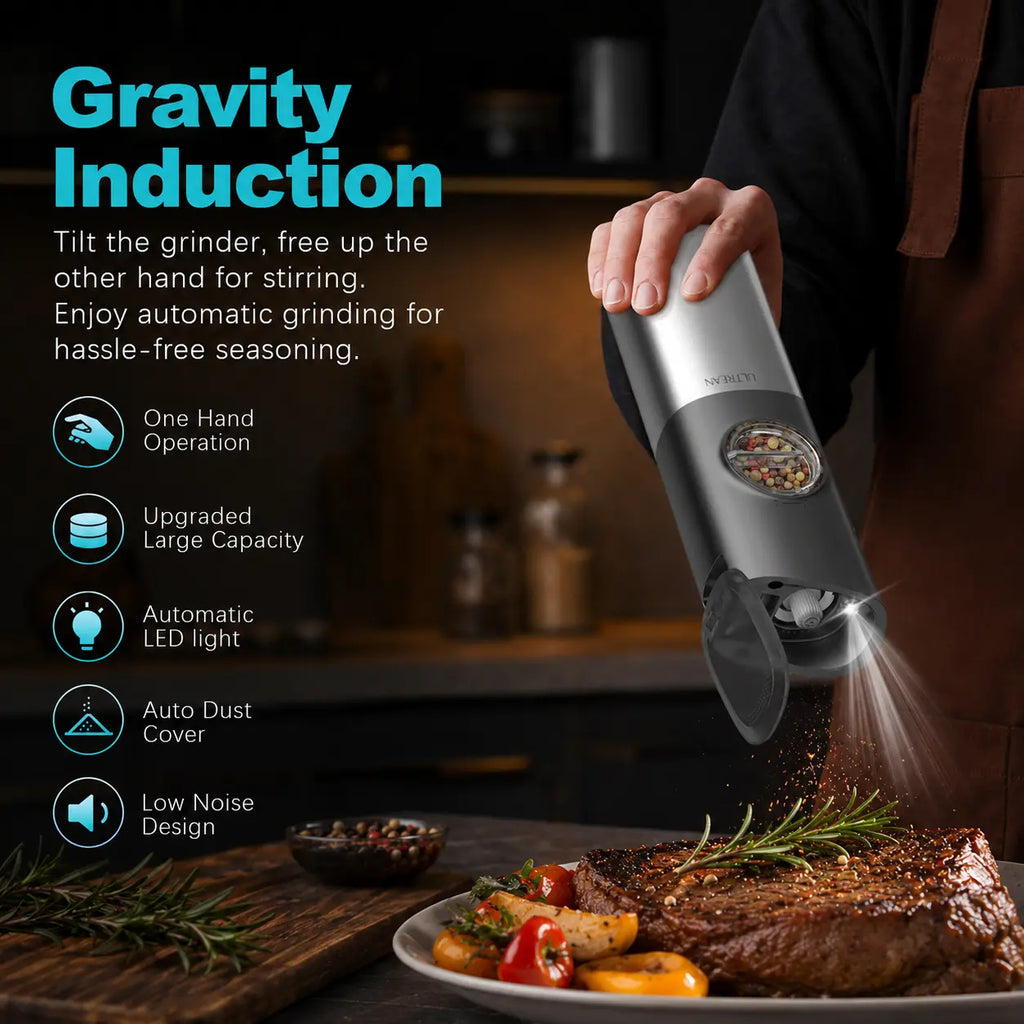Ultrean 2pcs Sturdy Compact Rechargeable Electric Salt & Pepper Grinder Set, Stainless Steel Kitchen Seasoning Utensils for Everyday Use, Adjustable Coarseness, Auto Dust Lids, LED 1-Hand Operation