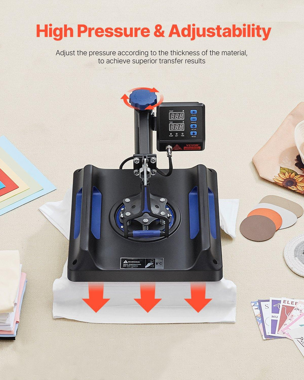 VEVOR 5-in-1 Heat Press Kit, 15x15in 360° Swing Away Hand Tool, 1000W Digital Display Control, Quick Heating, Anti-Burn Safety, Non-Stick Coated, 20.07x15.75x18.51in, Ideal for T-Shirts, Hats, Caps, Mugs