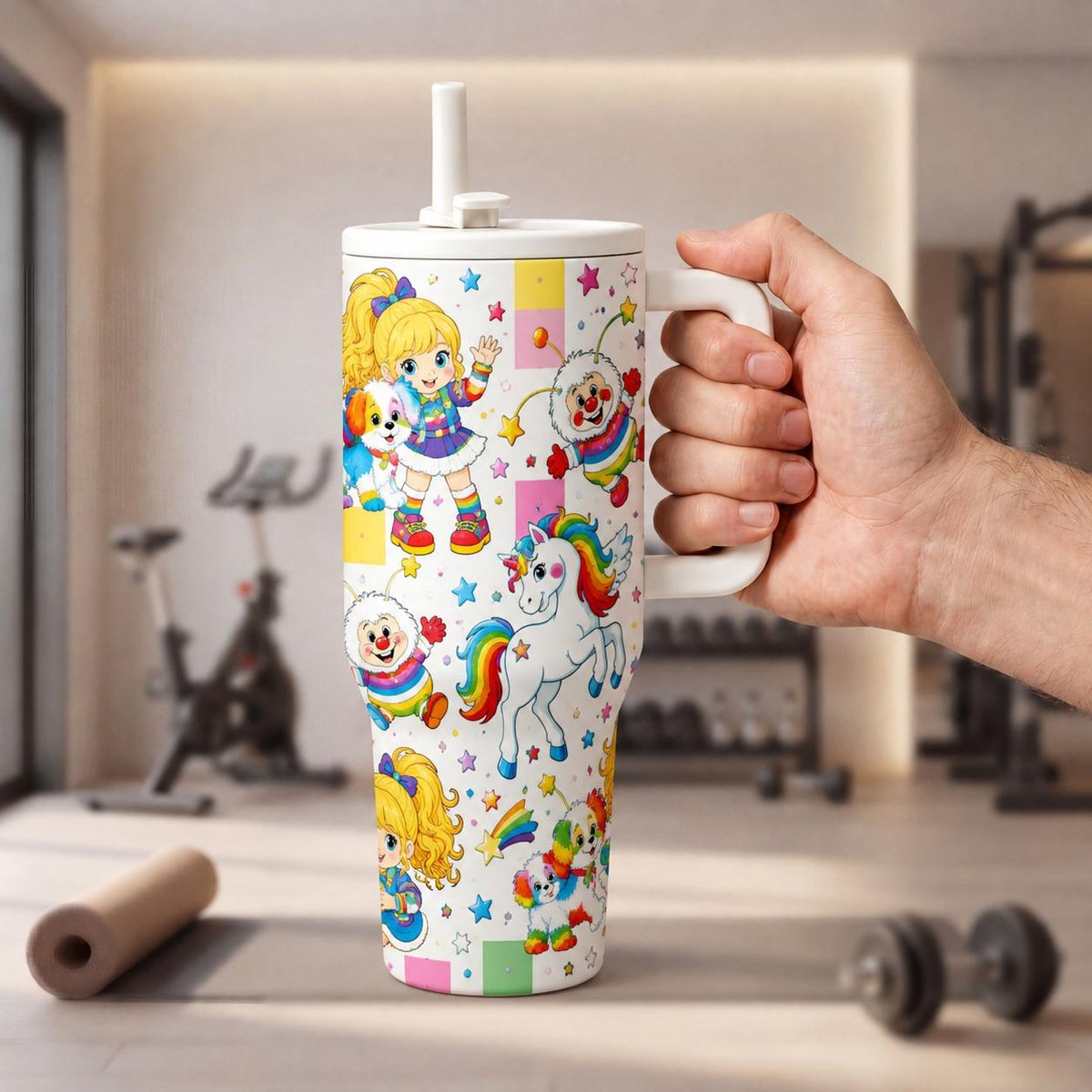 1pc 40oz Vintage Rainbow Brite Cartoon Insulated Drink Tumbler with Handle and Straw, Black Background 80s Retro Rainbow Pony Seamless Print Insulated Travel Mug, Drinkware Tumbler, Large Capacity Stainless Steel Water Cup for Nostalgic Fans Birth...