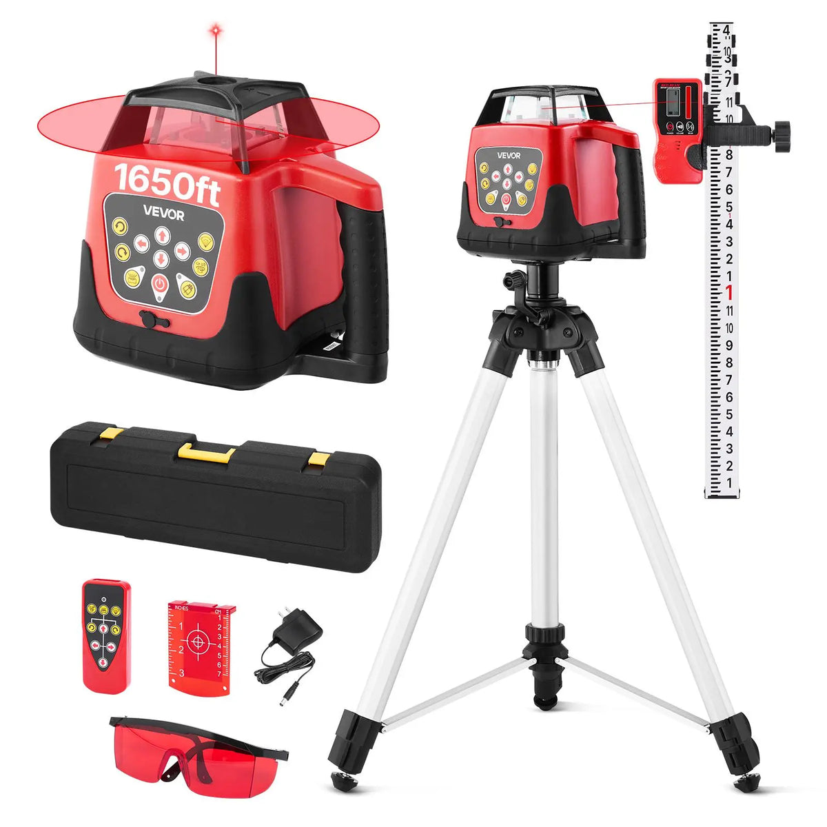 【toolupgrade】VEVOR Rotary Laser Level Kit, 1650ft 360-Degree Self Leveling Red Horizontal Laser Transit,with Tripod,Receiver,Remote Control, Scale,Toolcase, IP66 Waterproof, 0.80in/100ft Precision for Construction, Lighted Laser Levels, Electronic...