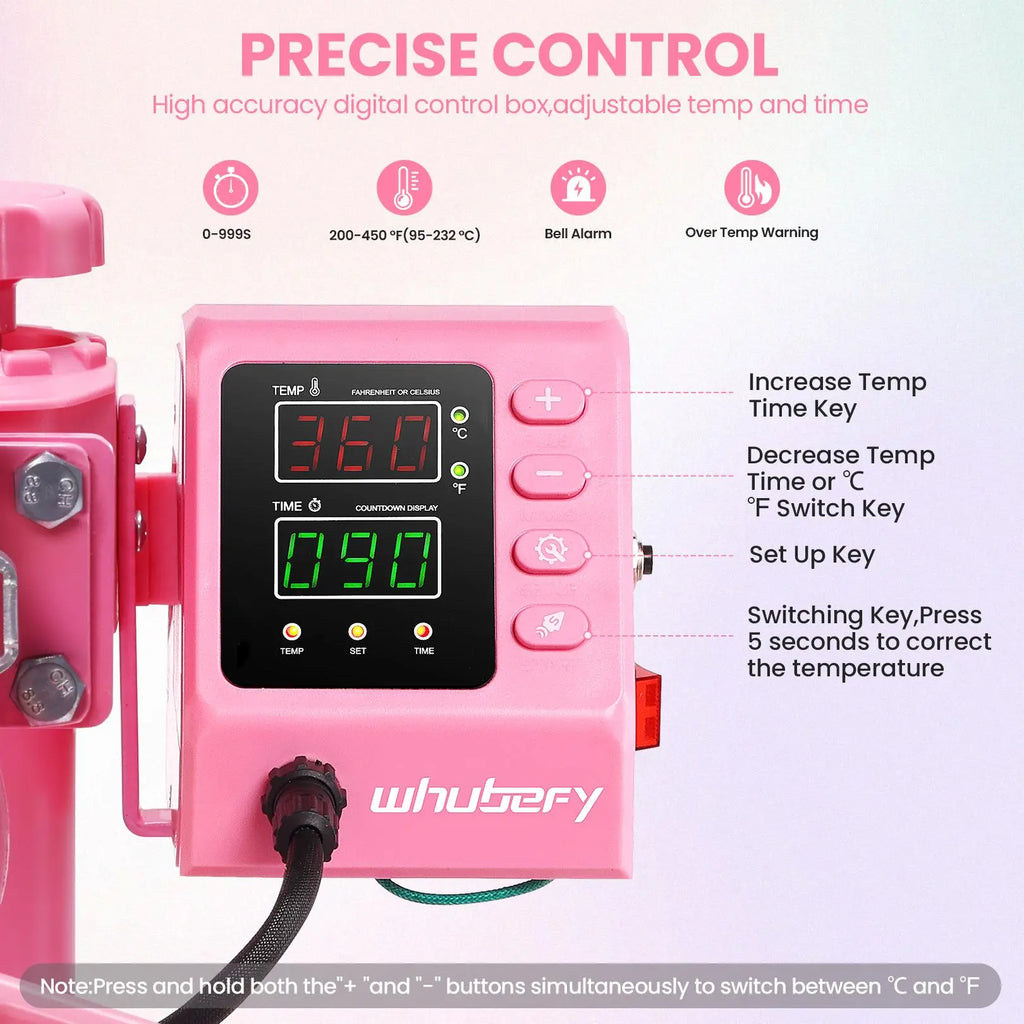 AKEYDIY 15x12in 5-in-1 Pink Swing-Away Heat Press Machine - Upgraded 360° Rotation, Auto Reset Safety, LCD Temp & Time, Adjustable Pressure, Beginner Friendly for DIY Crafts, Heat Transfer Vinyl Projects