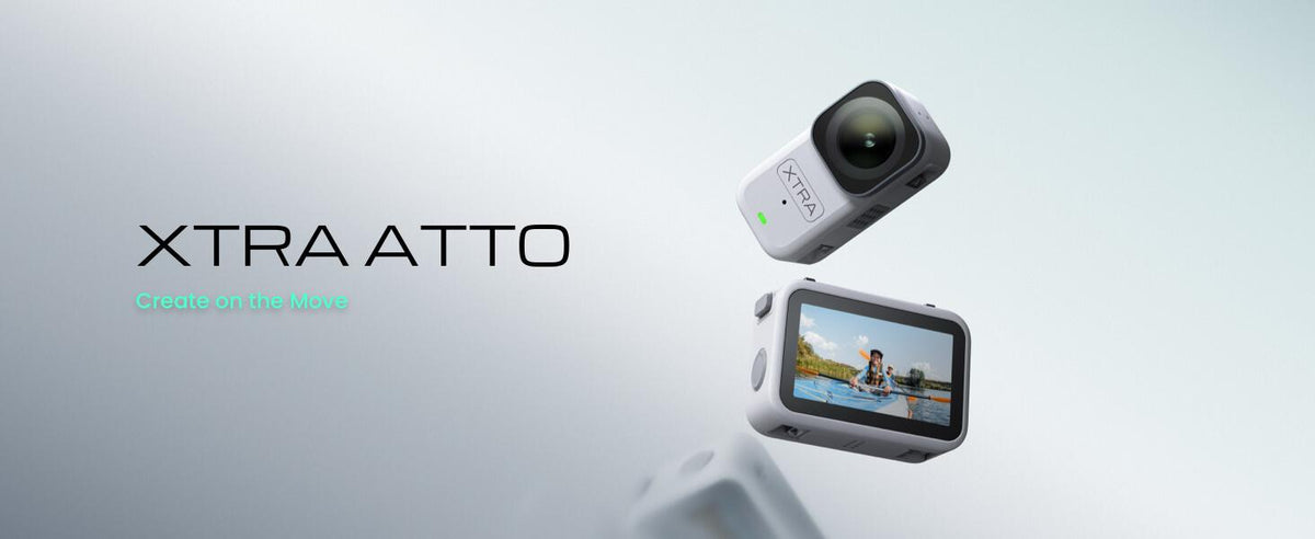 Xtra Atto Wearable 4K Action Camera, 54 g, Light and Compact, 1/1.3″ Sensor, 4K/60fps Video, 220‑Min Max Recording, 5-Min Pre-Recording, Built-in Stabilization, 128GB Storage, 600MB/s Fast Transfer