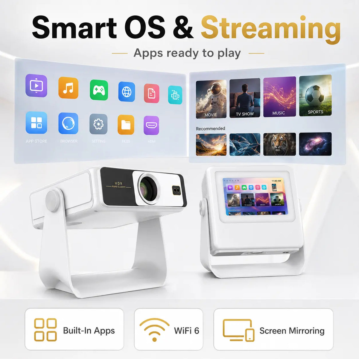 2026 Upgraded Dual Screen Smart Projector TV, Native 1080P High Definition LCD Projector with 7-in Touch Display, 4K Support, WiFi 6, Bluetooth, Auto Focus, Auto Keystone, 800 ANSI, 25W Speaker, HDMI Input for Home Theater Movie Night