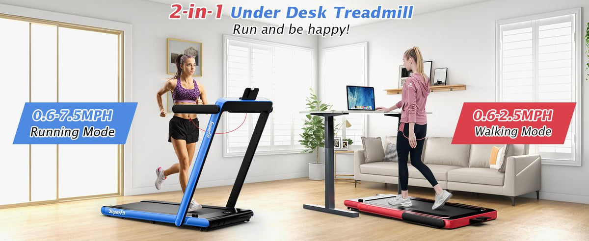 COSTWAY 2-in-1 Treadmill, 7.5MPH Under-Desk Electric Treadmill w/Dual Display, Bluetooth Speaker, APP & Remote Control, Speed Adjustable Portable Walking Pad Jogging Machine for Home