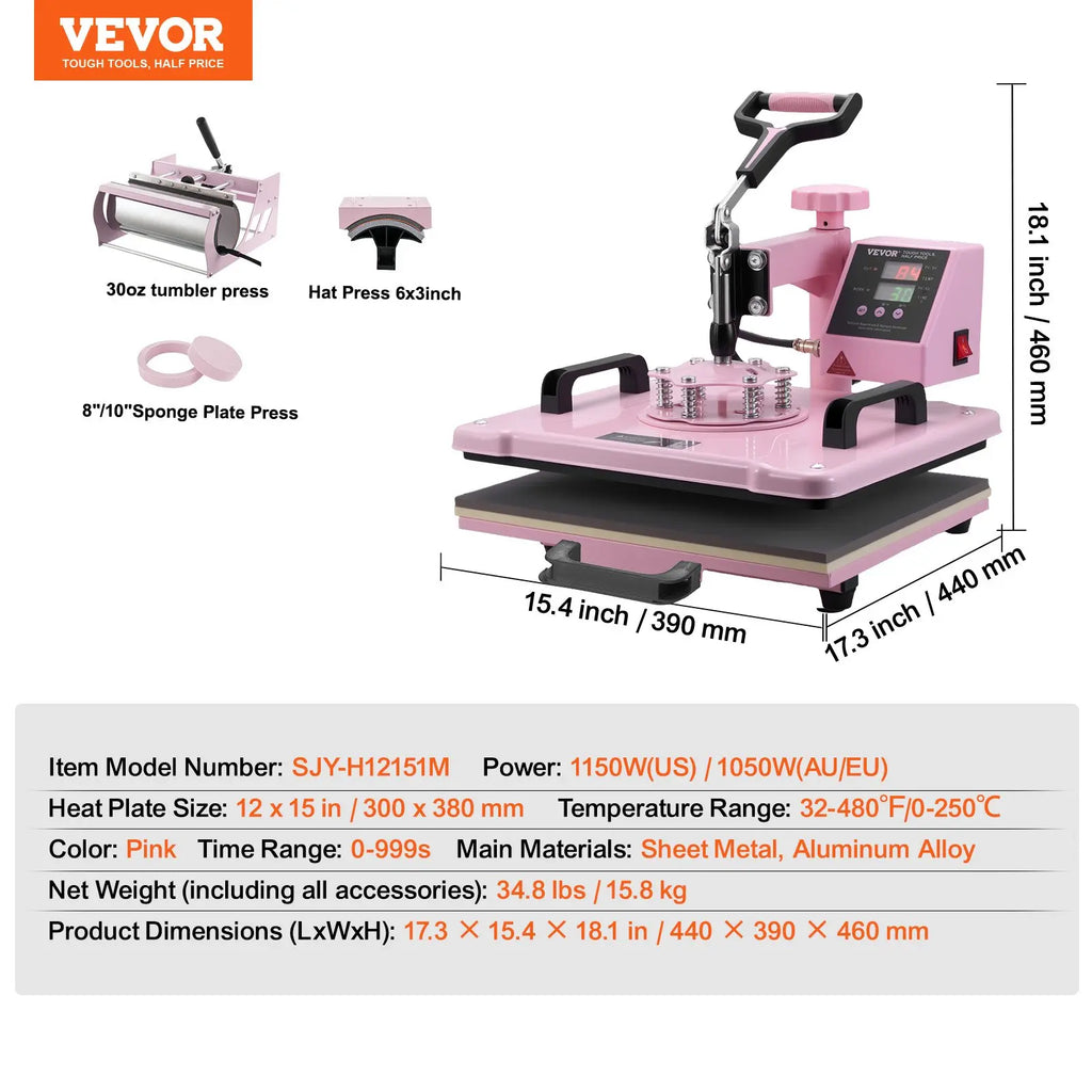 VEVOR Heat Press Machine, 12x 15 inch, 5 in 1 Heat Transfer Machine with 30 oz Tumbler Press, 360 Swing Away T-Shirt Pressing, Digital Precise Control, for T-Shirts/Mugs/Hats/Plates, Pink, 5-In-1 Combo