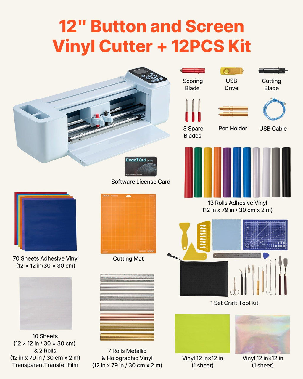 VEVOR 12 in Vinyl Cutting Machine, Button & Screen Controlled with Materials & Tool Kit, 5000+ Built-in Design Resources, Compatible with Mac, Windows, Android & iOS, DIY for All Scenes Home Crafts Cutter, Wireless, Buttons+Screen,sohochic