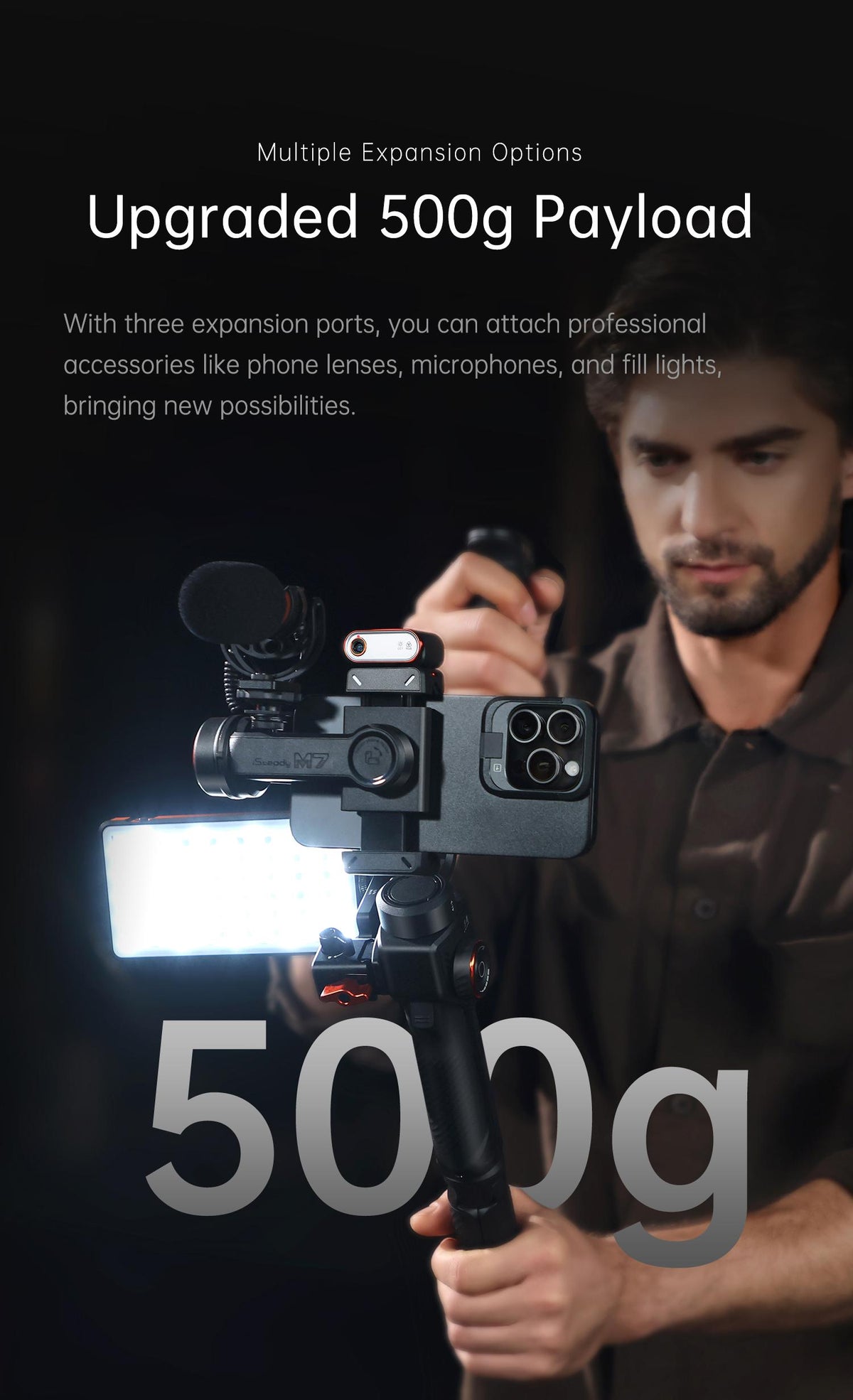 Hohem iSteady M7 Kit 3-Axis Camera Gimbal Stabilizer for iPhone/Android Smartphones, Mobile Phone Accessory for Content Creators with Magnetic Fill Light, AI Tracking Sensor, 1/4-inch Color Touchscreen Display, Detachable Remote, 500g Max Payload