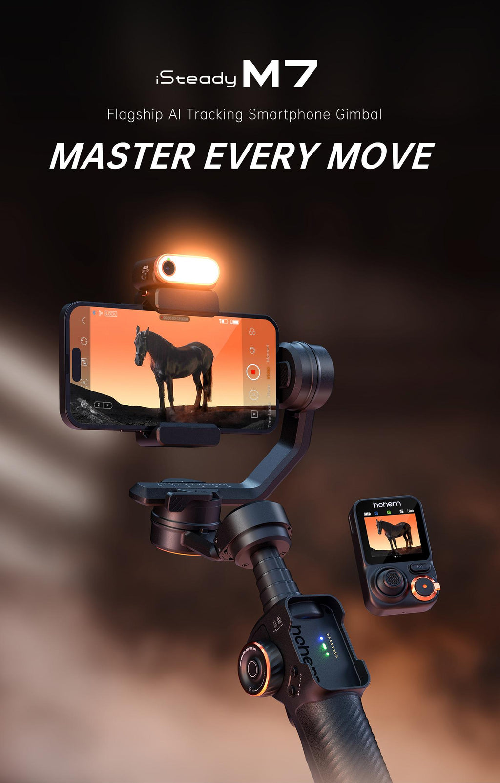 Hohem iSteady M7 Kit 3-Axis Camera Gimbal Stabilizer for iPhone/Android Smartphones, Mobile Phone Accessory for Content Creators with Magnetic Fill Light, AI Tracking Sensor, 1/4-inch Color Touchscreen Display, Detachable Remote, 500g Max Payload