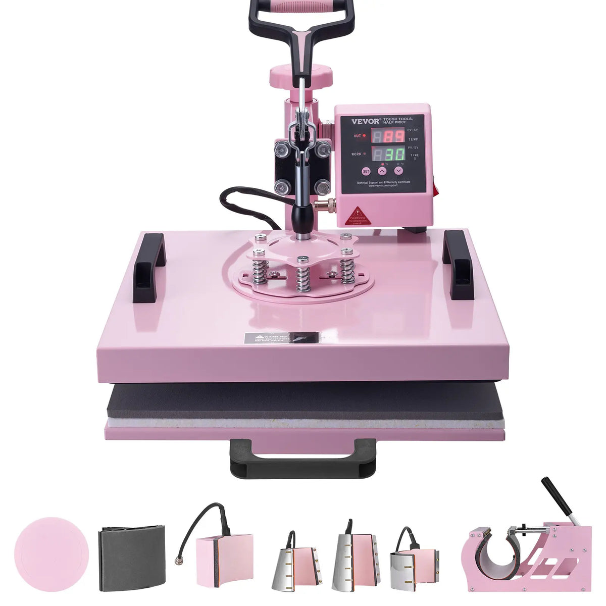 【Fallpicks】VEVOR 15x15 in Safety Ceramic Plates 8-in-1 Swing-Arm Heat Press Machine, 6-30 oz Tumbler Press, 360° Swing Away, Digital Control, Auto Heat Stop, Burn Prevention, for T-Shirts/Mugs/Hats, Pink