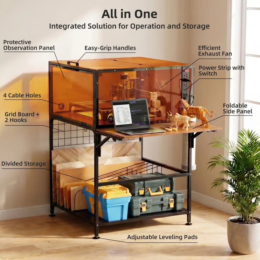 Indoor Metal Frame Laser Engraver Enclosure Cabinet (W26xD29xH14"), 6000 RPM Ventilation Fan, Power Strip, Foldable Side Panels, Storage, Eye Protection for Home Users’ Engraving Work & Most Laser Cutters, 58.20 Lbs