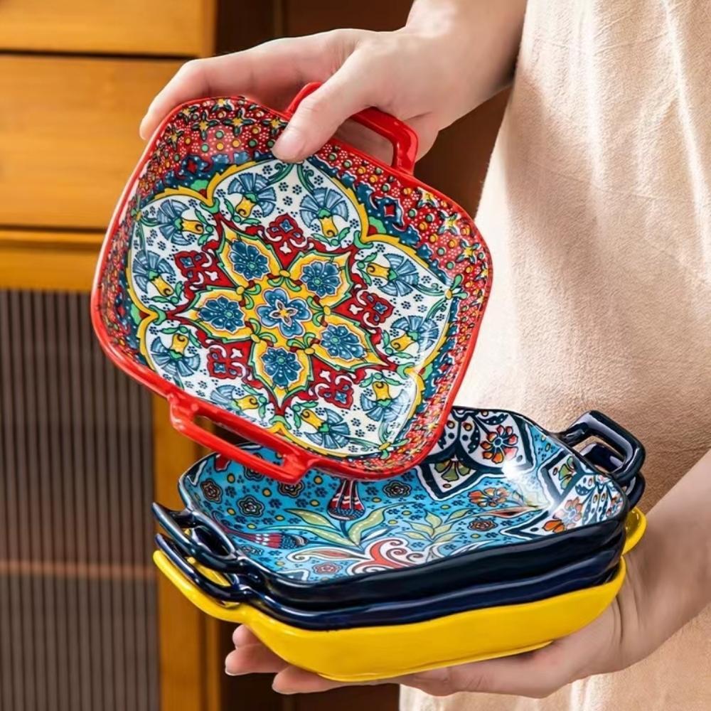 Bohemian Ceramic Square Serving Plates with Handle, 4 Counts/set Salad Plates for Home Kitchen and Dining Room Ceramics Plate #GLOBAL PICKS