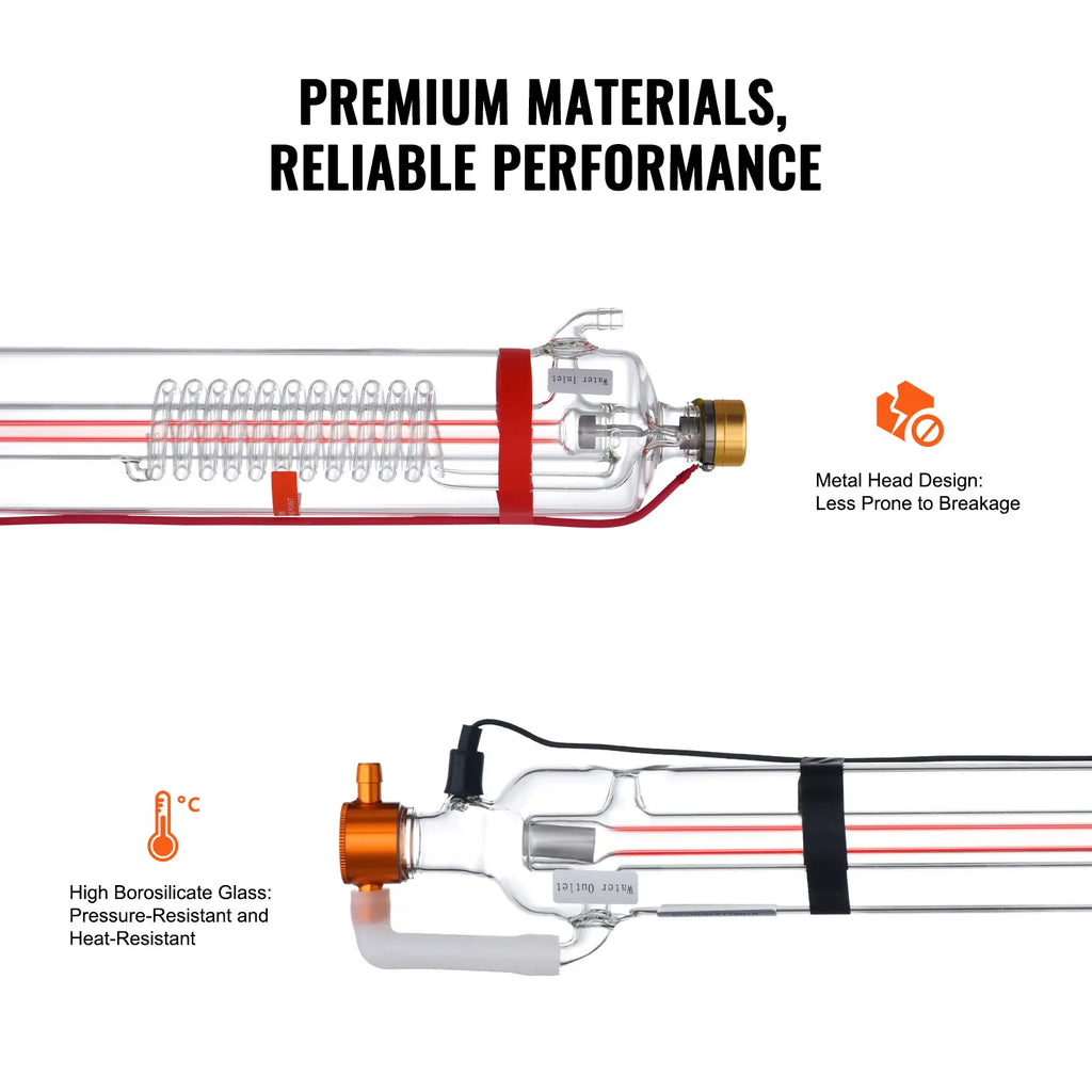 VEVOR 90W High Power CO2 Laser Tube, 49.2in (1250mm) Length, 3.1in (80mm) Dia Borosilicate Glass Tube with Metal Head, Pre-Wired Pre-Connected Wires, 10000hr Lifespan, Precision Beam, Universal Design for Laser Engraver Cutting Machine Tool Upgrade