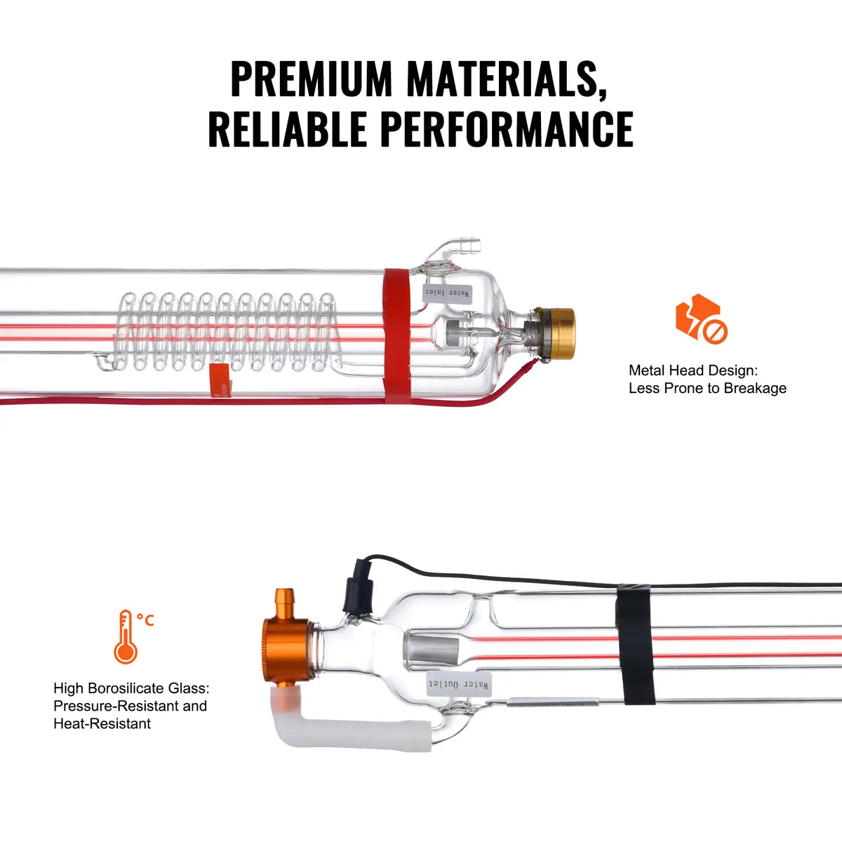 VEVOR 90W High Power CO2 Laser Tube, 49.2in (1250mm) Length, 3.1in (80mm) Dia Borosilicate Glass Tube with Metal Head, Pre-Wired Pre-Connected Wires, 10000hr Lifespan, Precision Beam, Universal Design for Laser Engraver Cutting Machine Tool Upgrade