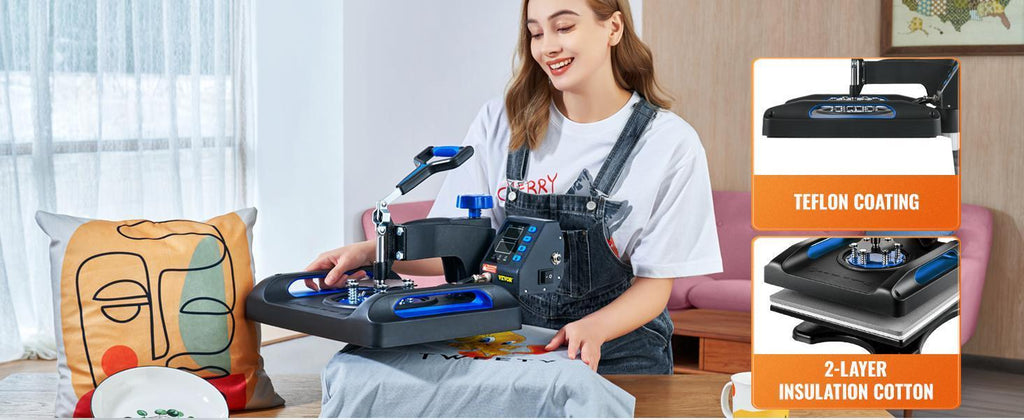 【Fallpicks】VEVOR Multifunction Digital Display Heat Press DIY Kit, 15x15 in Large Surface, 360° Rotatable Swing Away, Dual-Tube 5℃ Even Heating, Silicone Buttons Comfy, Blue Home Iron Appliance for T-Shirts, Caps, Mugs