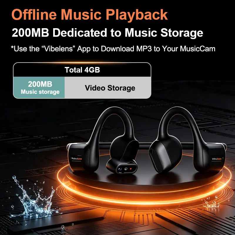 VibeLens Bone Conduction Headphones with 4K POV Camera, Hands-Free POV Video Recording, 6-Axis Image Stabilization, Open-Ear Bluetooth Sports Headset with AI Voice Assistant, Offline Music Playback, IP68 Waterproof for Swimming, Cycling and Travel