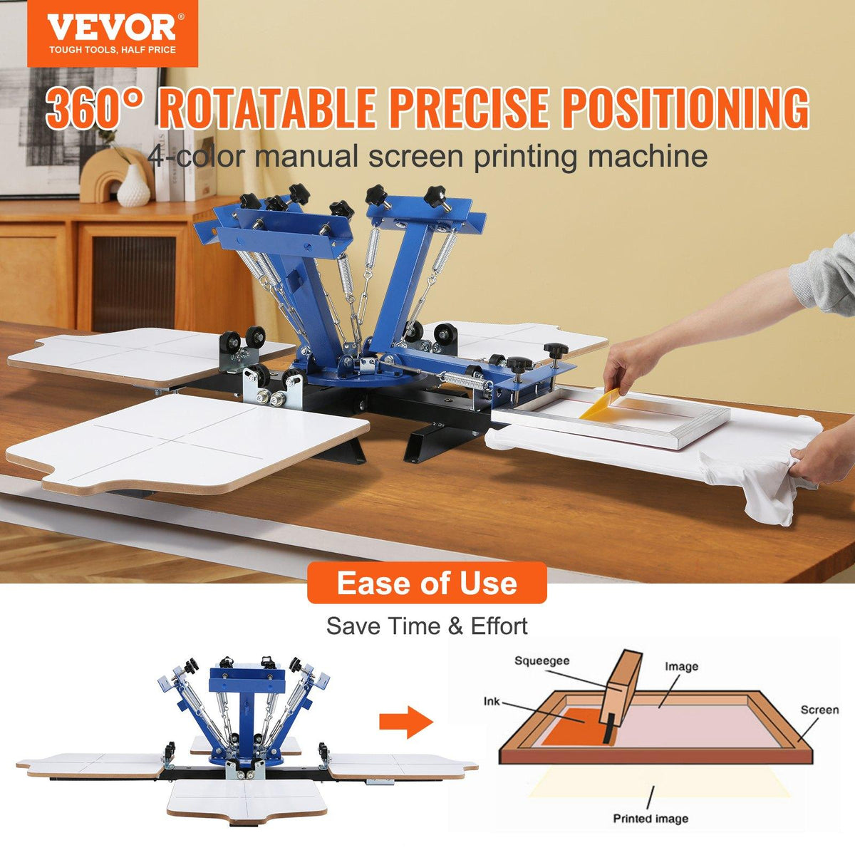 【toolupgrade】VEVOR Screen Printing Machine, 4 Color 4 Station 360 Rotable Silk Screen Printing Press, 21.2x17.7in Screen Printing Press, Double-layer Positioning Pallet for T-shirt DIY Printing